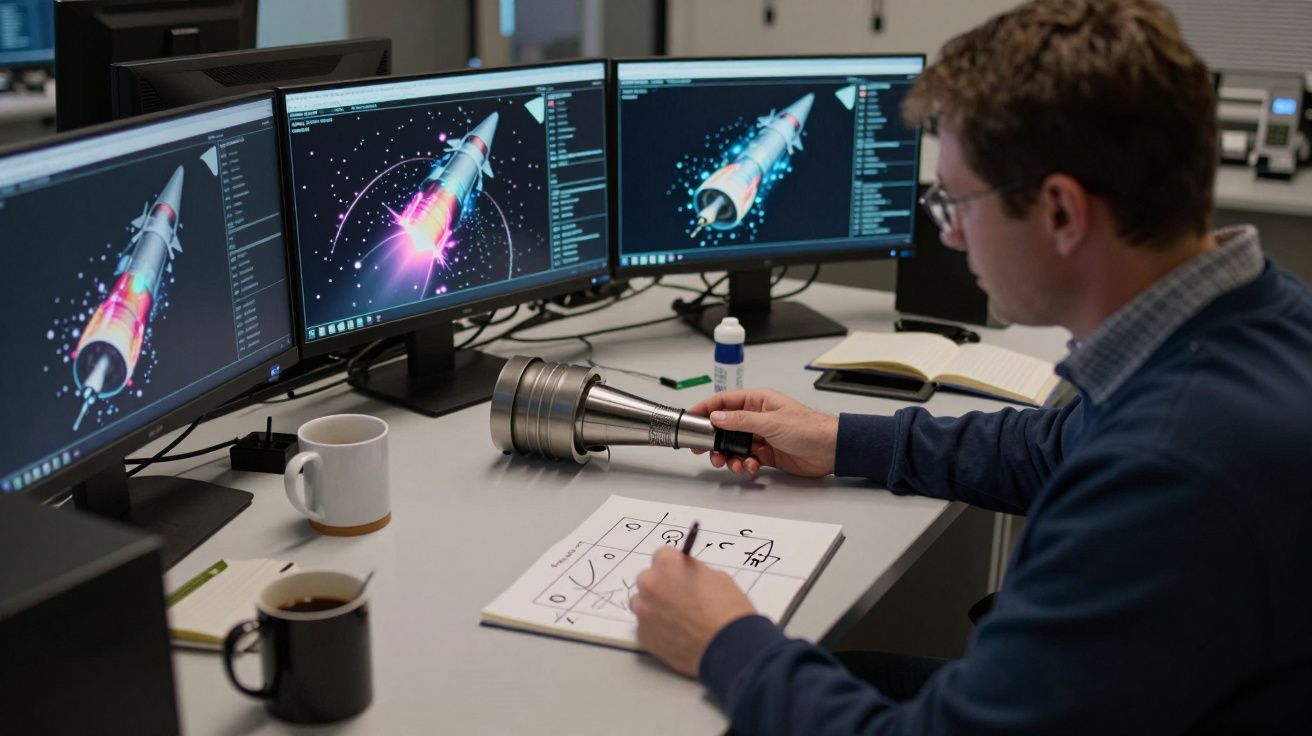 Homem analisa projeto de foguete em computador, segurando peça metálica, com três monitores exibindo gráficos detalhados.