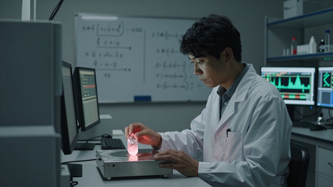 Cientista em laboratório com jaleco branco, analisando uma substância iluminada num recipiente sobre uma plataforma.