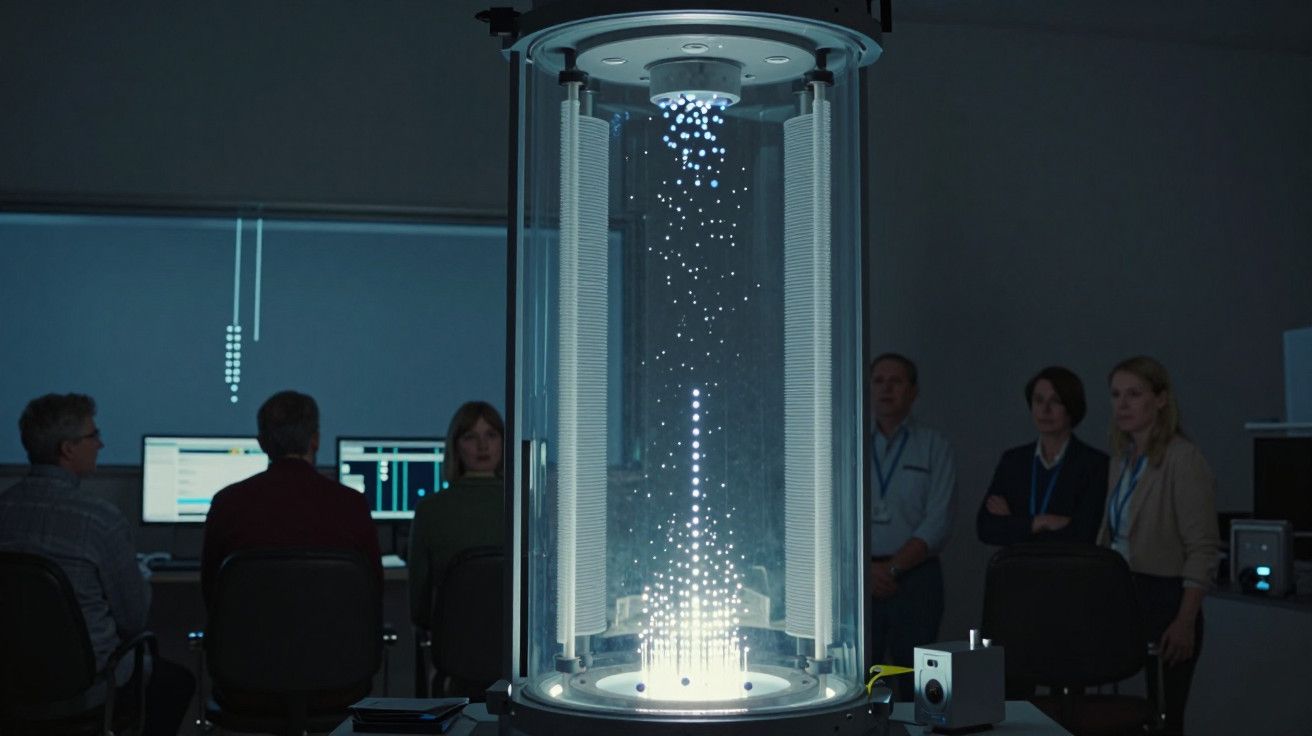 Pessoas observam um dispositivo cilíndrico iluminado, em uma sala de controlo com computadores.