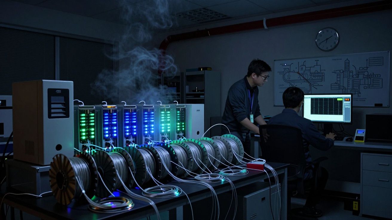 Laboratório escuro com equipamentos eletrónicos, fios enrolados e dois técnicos analisando dados em monitores.