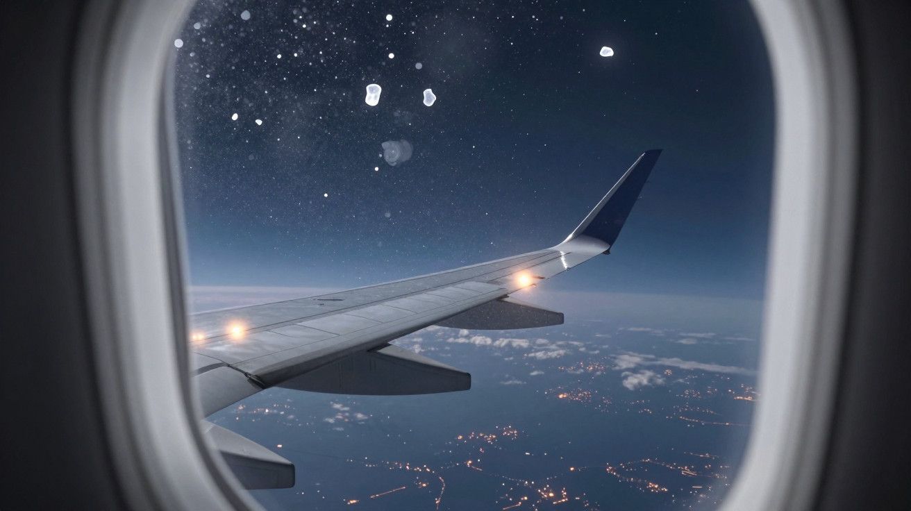 Vista de asa de avião contra céu noturno estrelado através de janela. As luzes da cidade brilham lá embaixo.