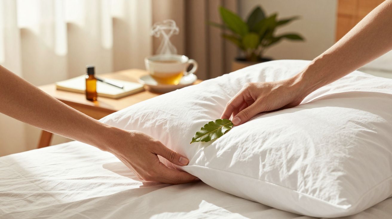 Duas mãos arranjam uma almofada branca com uma folha verde, com chá e plantas ao fundo.