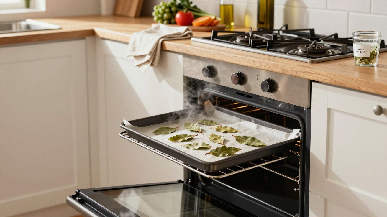 Forno com tabuleiro de folhas de louro a secar, numa cozinha moderna com bancada de madeira e fogão a gás.