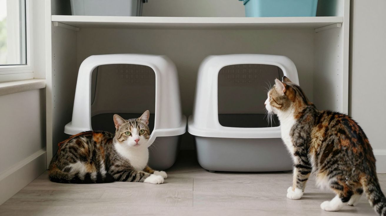 Dois gatos junto a caixas de areia brancas num chão de madeira, com uma janela à esquerda.