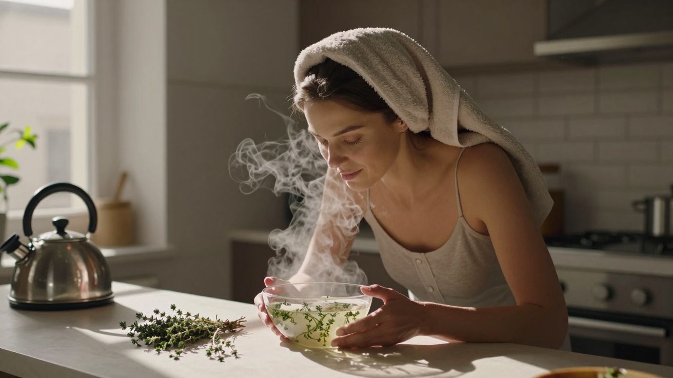 Mulher com toalha na cabeça inala vapor de ervas numa cozinha.