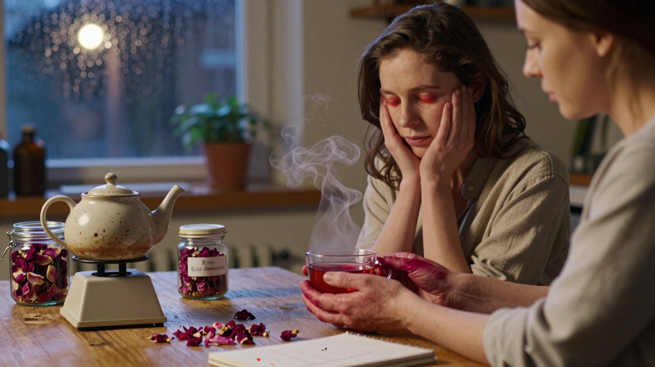 Mulher segura chá fumegante na cozinha enquanto outra a observa, com pote de pétalas na mesa.