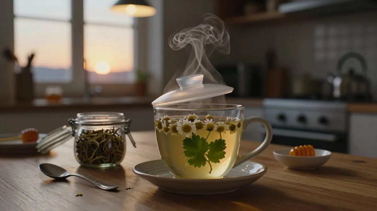 Chá de camomila em chávena de vidro com tampa, flores e vapor, numa cozinha iluminada pelo pôr do sol.