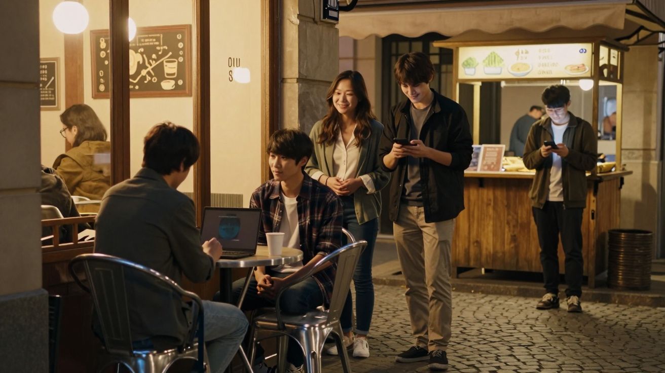 Grupo de jovens em frente a um café, alguns sentados conversando, outros de pé a usar telemóveis.