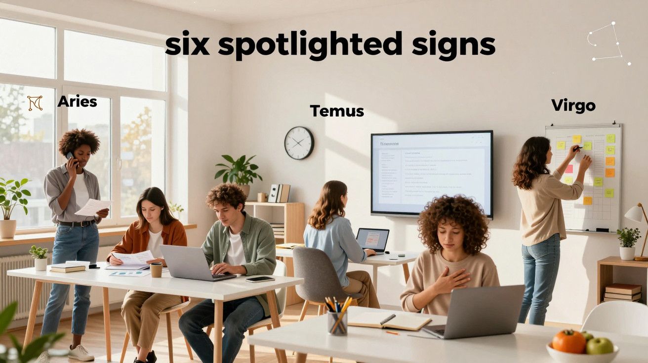 Grupo de pessoas trabalhando em escritório iluminado, cada uma com um laptop, com nomes e sinais celestes indicados.