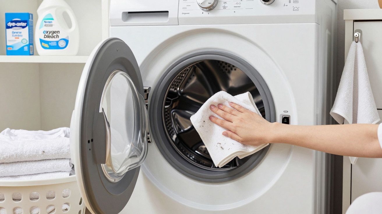 Mão a limpar o tambor de uma máquina de lavar roupa aberta com um pano branco, rodeada de detergentes e toalhas.