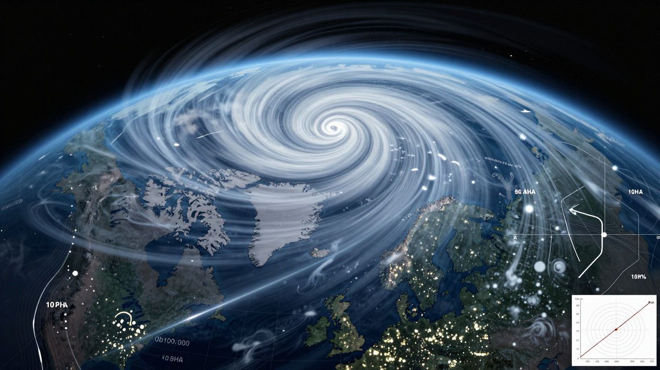 Imagem satélite de um ciclone sobre o Ártico, com diagramas meteorológicos e vistas noturnas da Terra iluminada.