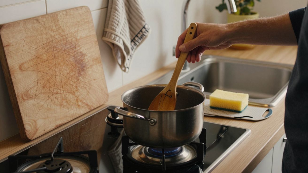 Mão mexendo panela no fogão, ao lado de uma tábua de cortar e uma esponja na bancada da cozinha.