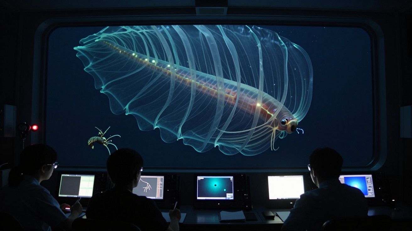 Três pessoas observam um grande organismo marinho transparente em monitores num laboratório escuro.