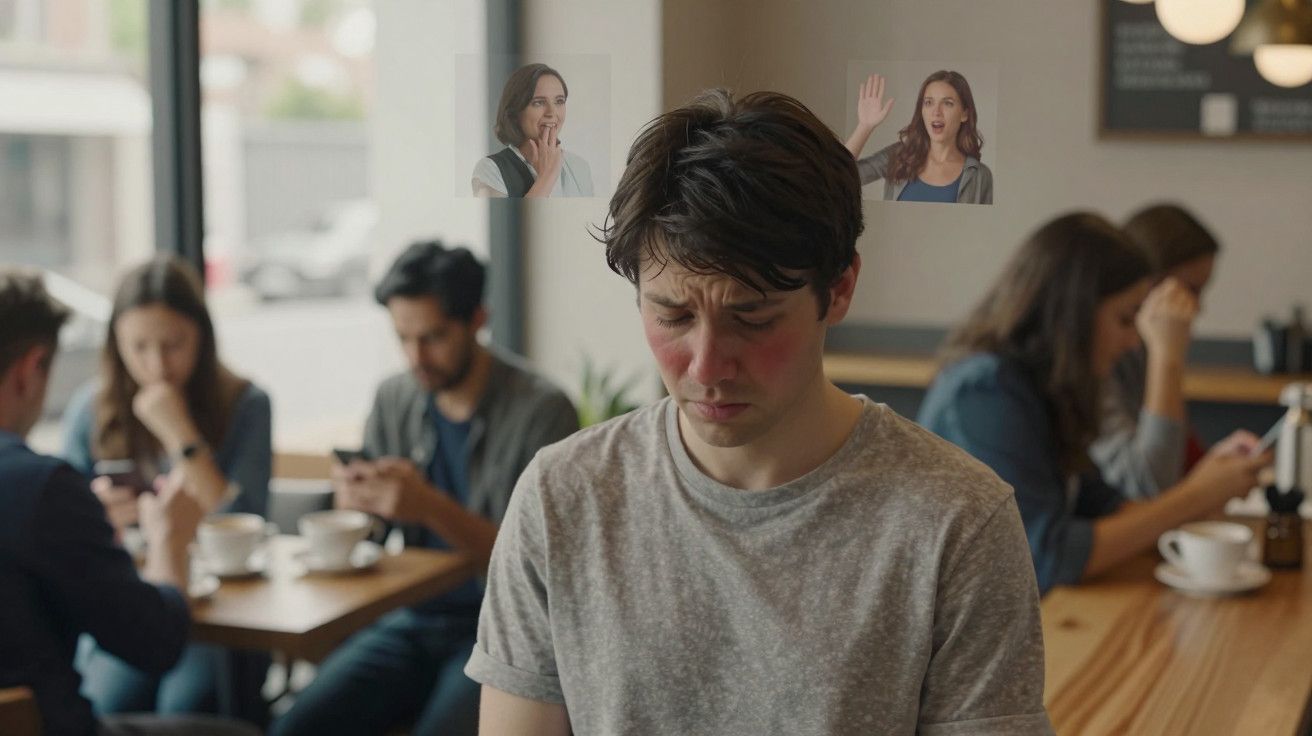 Homem triste e envergonhado num café, imagens de reações de pessoas a flutuar sobre ele.