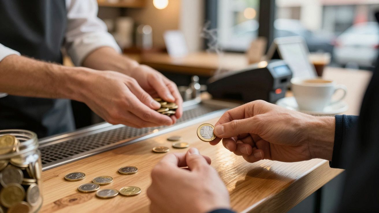 Pessoa paga café com moedas num balcão de café, com jarra de moedas e máquina registadora ao fundo.