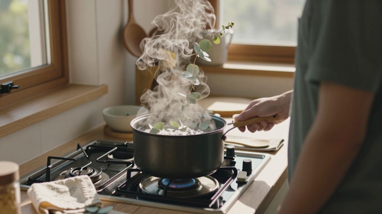 Pessoa a cozinhar numa panela a ferver numa cozinha iluminada, com vapor visível e ervas sobre o fogão.