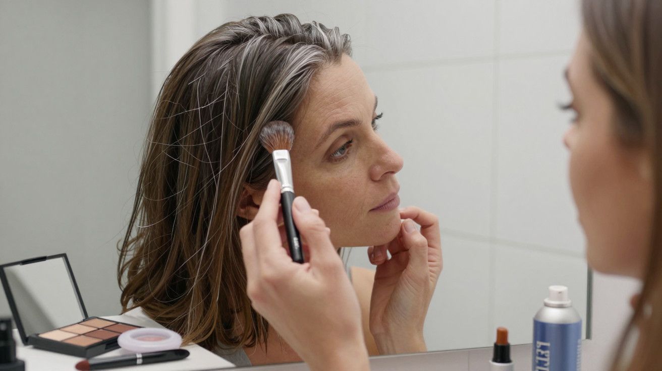 Mulher aplica maquilhagem com pincel em frente a um espelho, com produtos de beleza visíveis na bancada.