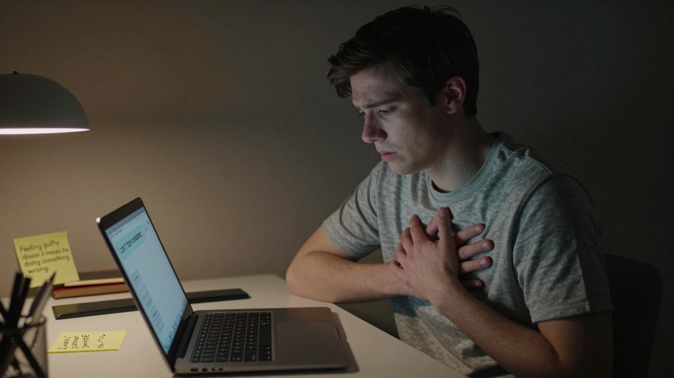 Homem sentado à frente de um laptop aceso, segurando o peito com as mãos, numa sala escura com iluminação fraca.