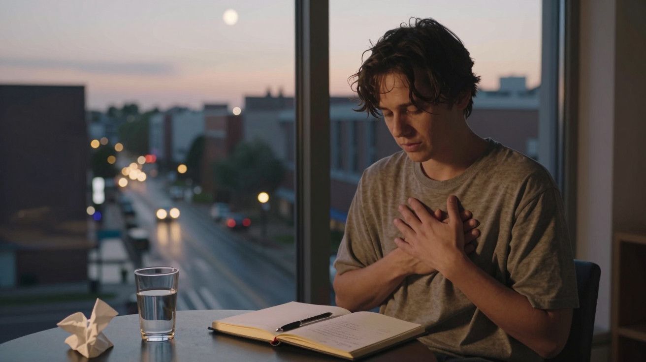 Homem sentado à mesa com mãos no peito, caderno aberto, copo de água e rua visível ao entardecer pela janela.