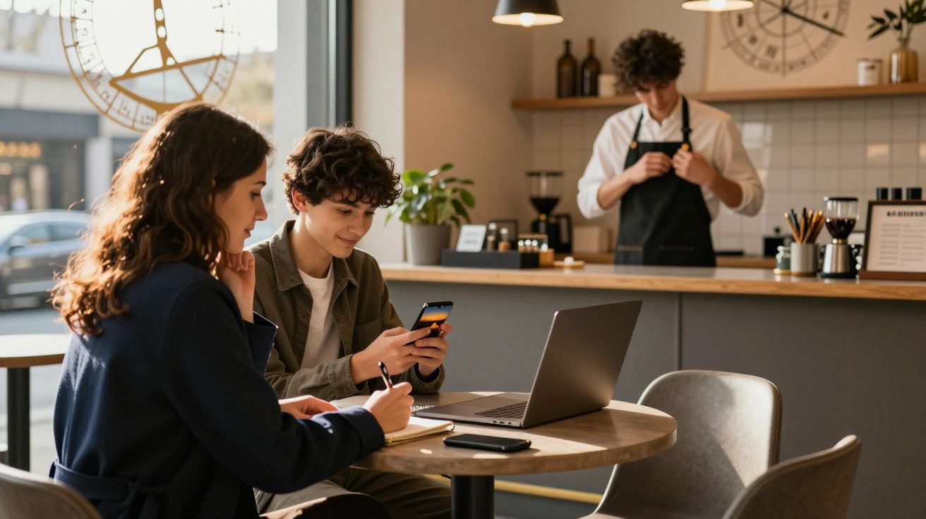 Duas pessoas a trabalhar num café, uma a usar o telemóvel e laptop, outras a tomar notas; barista ao fundo.