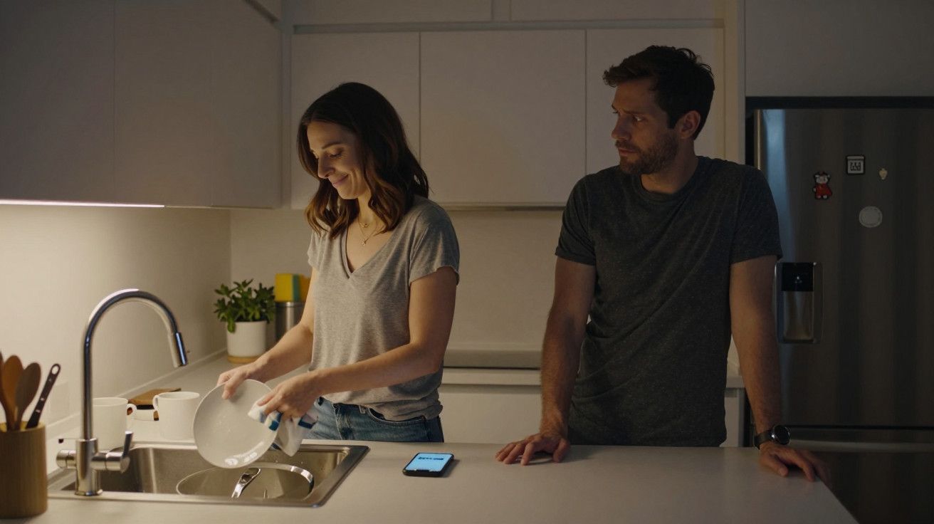Mulher lava loiça na cozinha moderna, homem observa ao lado, telemóvel na bancada.