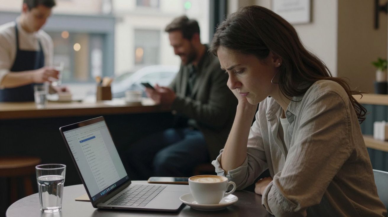 Mulher em café olhando para o portátil, com uma chávena de café ao lado. Outras pessoas ao fundo.