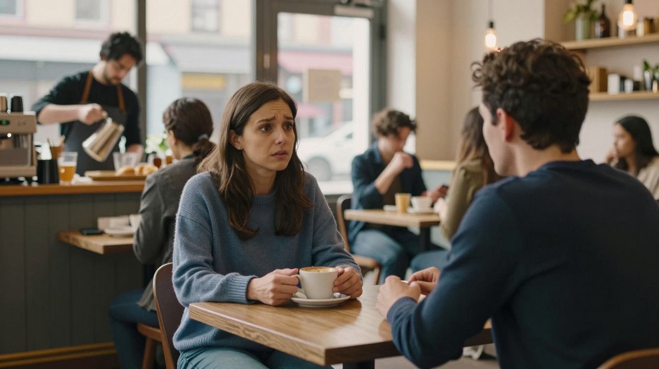 Mulher e homem conversam numa cafetaria movimentada, enquanto um barista prepara bebidas ao fundo.