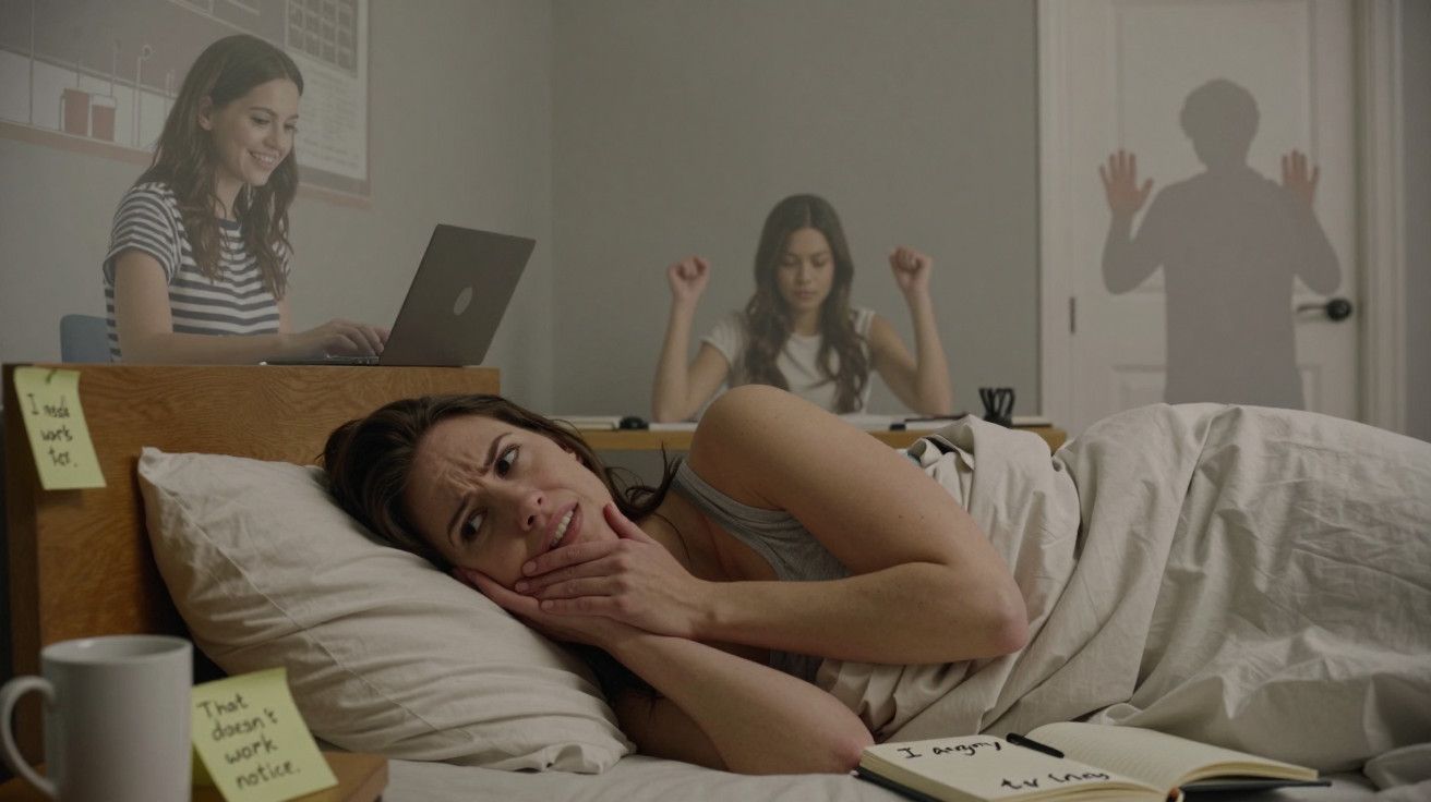 Mulher deitada na cama com expressão preocupada, imagens de outras pessoas ao fundo representando stress.