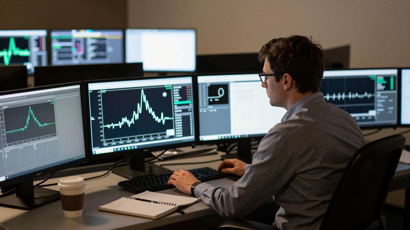 Homem a trabalhar com gráficos em múltiplos monitores num escritório, com café e bloco de notas na mesa.