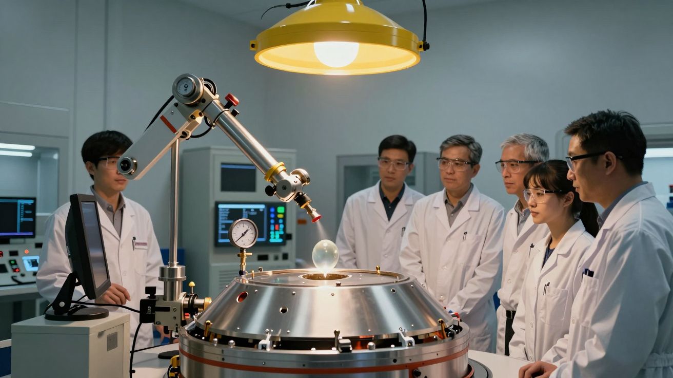 Seis cientistas observam máquina em laboratório iluminado, usando jalecos e óculos de proteção.