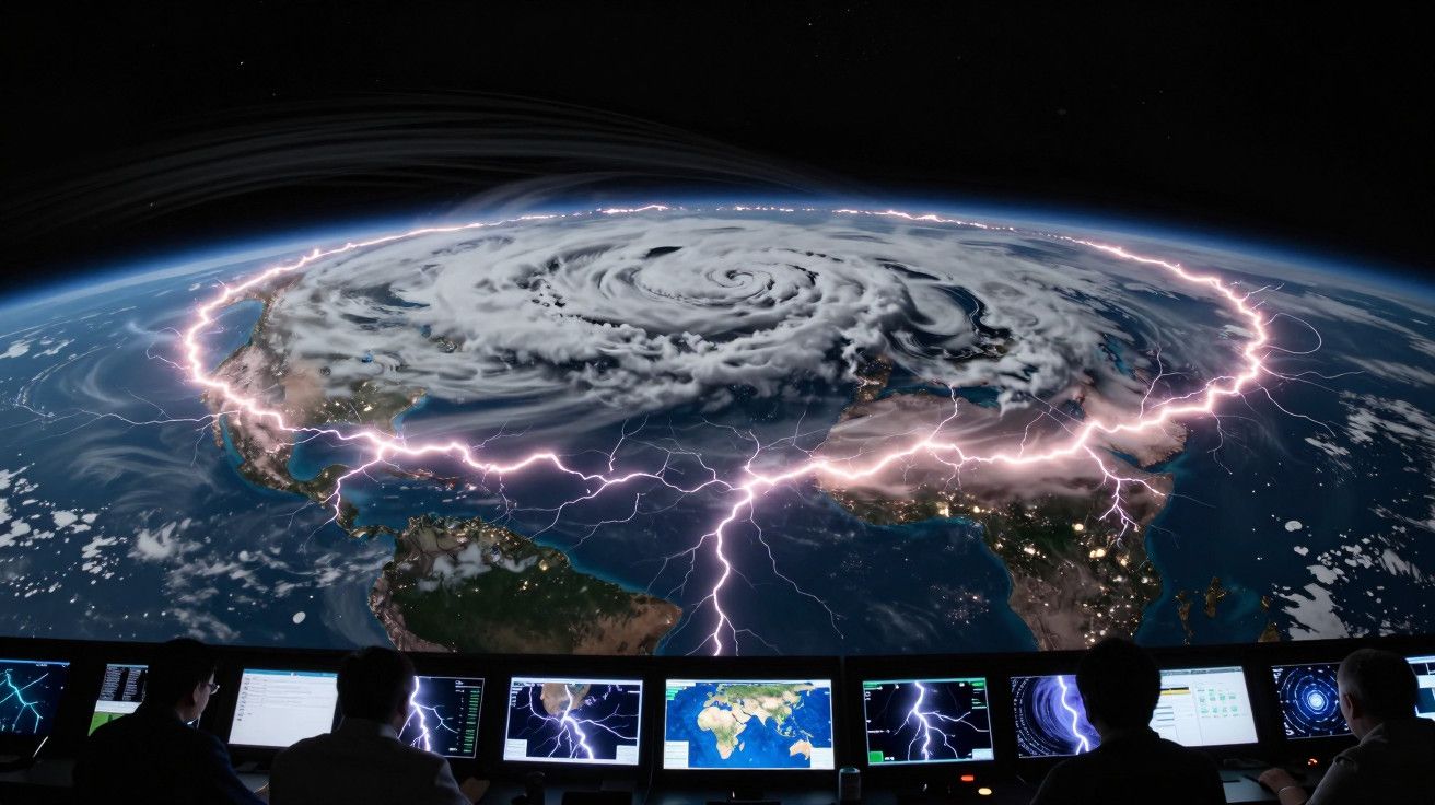 Centro de controlo observa um ciclone gigante com relâmpagos sobre a Terra, visível a partir do espaço.