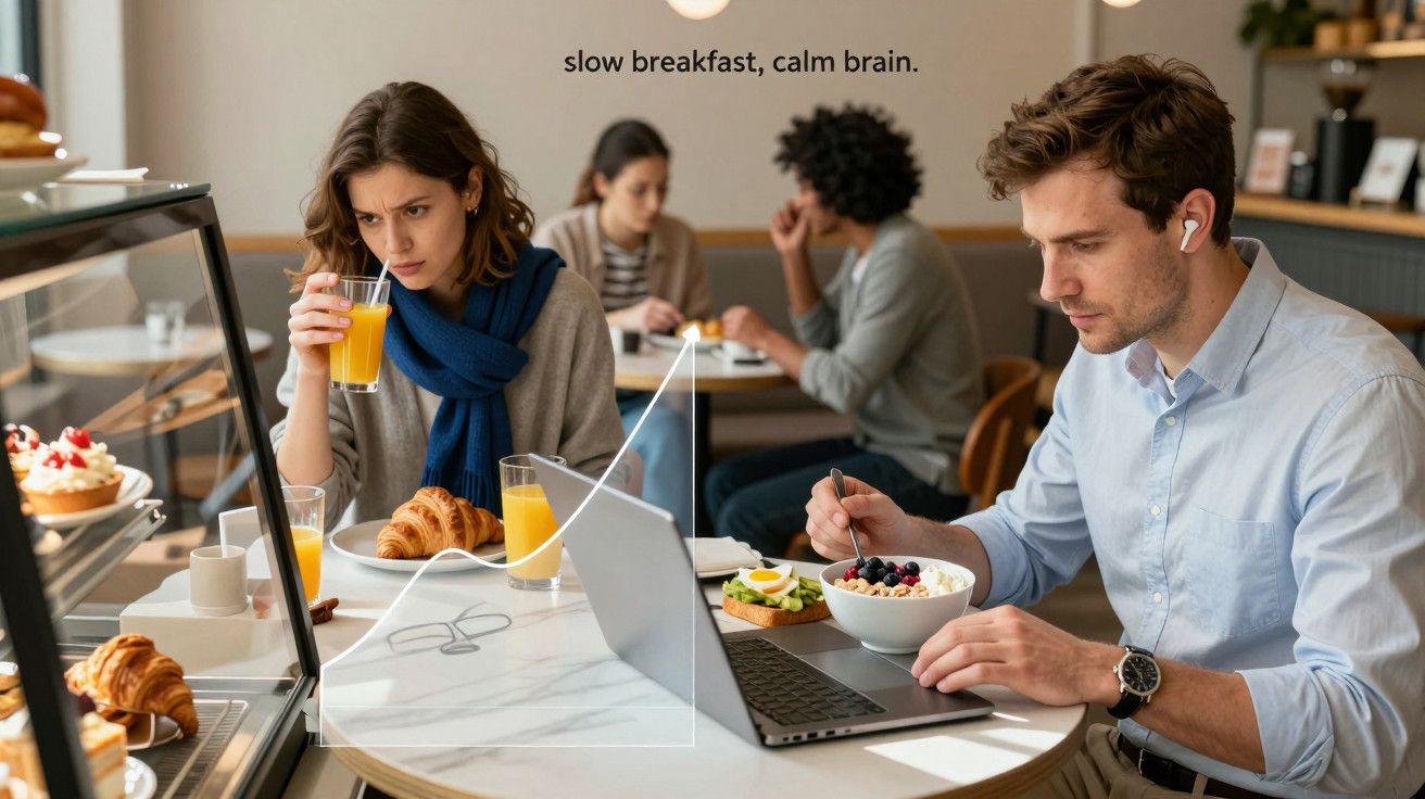 Homem a usar portátil e a tomar pequeno-almoço saudável, mulher a beber sumo de laranja numa cafetaria moderna.