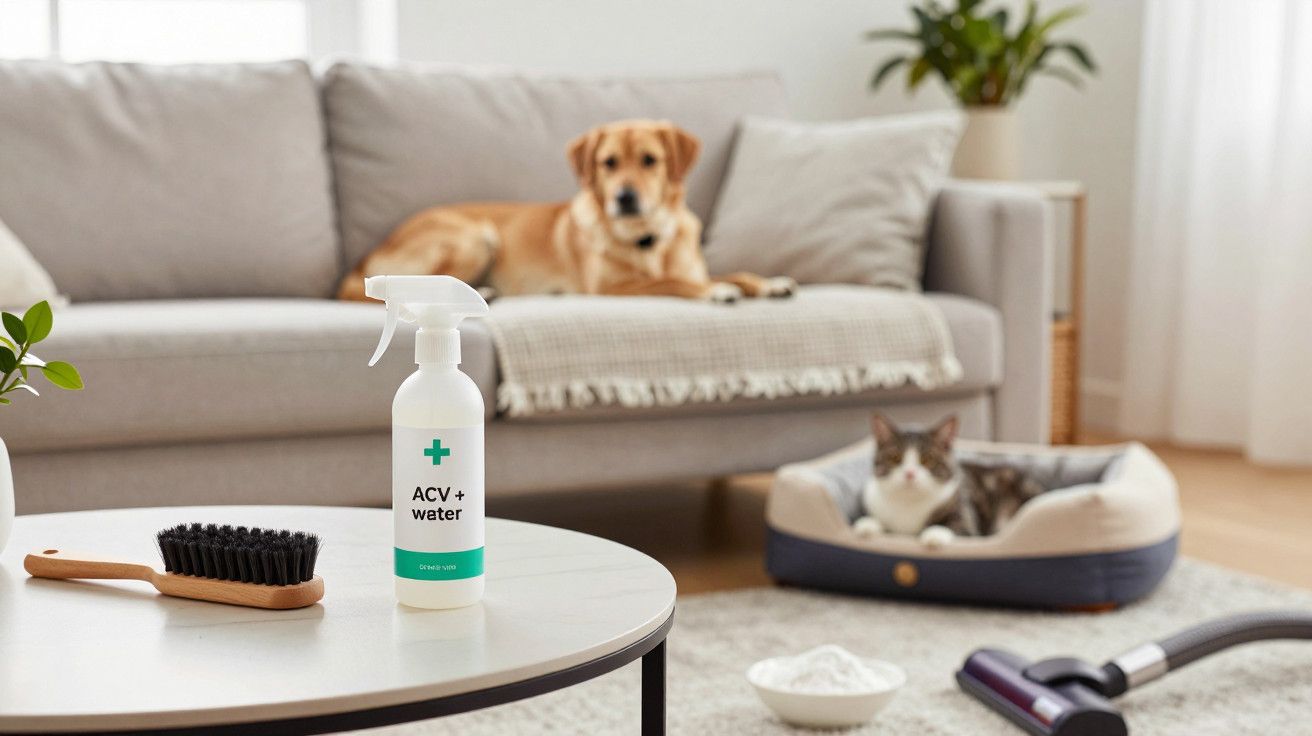 Sala de estar com cão no sofá, gato na cama, frasco de produto e escova na mesa.