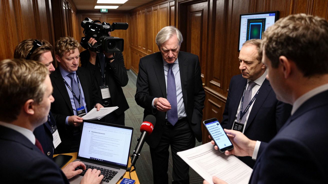 Homens em fato discutem num corredor, rodeados por câmaras e microfones, um segurando um telemóvel e outro um papel.