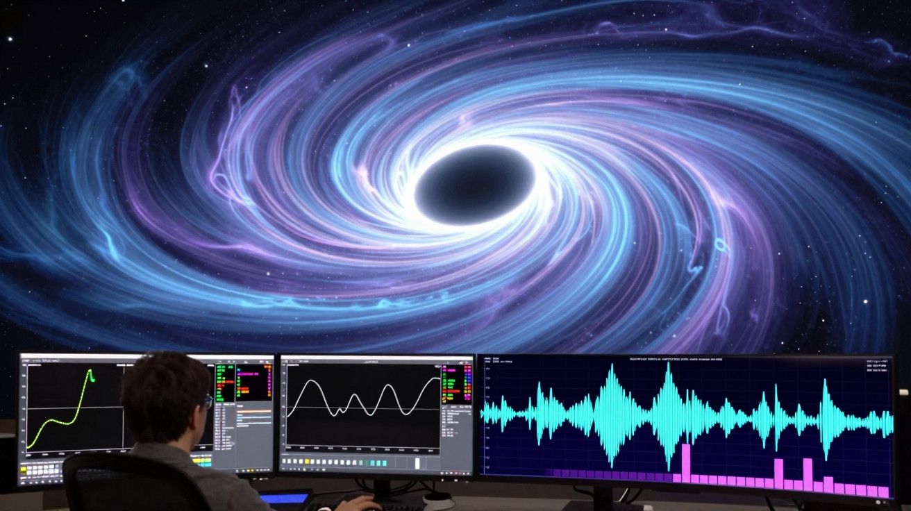 Pessoa a analisar gráficos num computador com imagem de um buraco negro e redemoinhos de luz ao fundo.