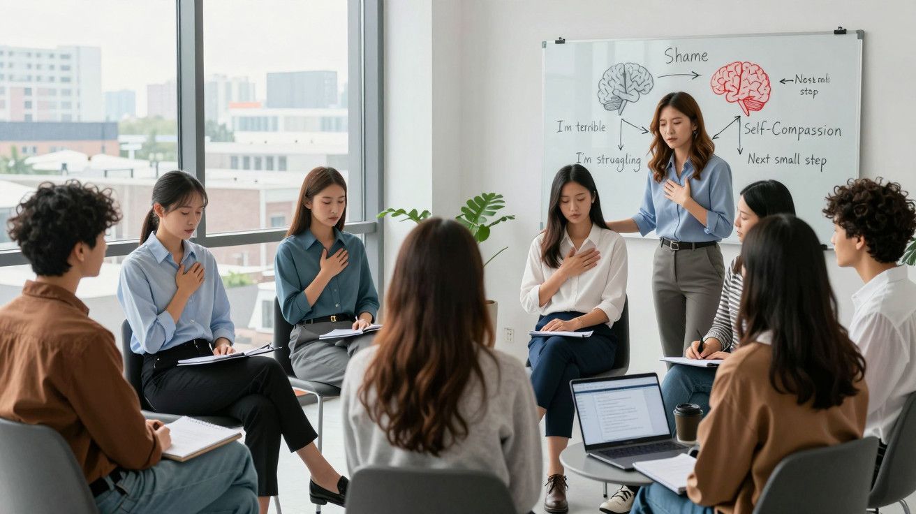 Grupo de pessoas em reunião, algumas com a mão no peito, sentadas em círculo numa sala com quadro-branco ao fundo.