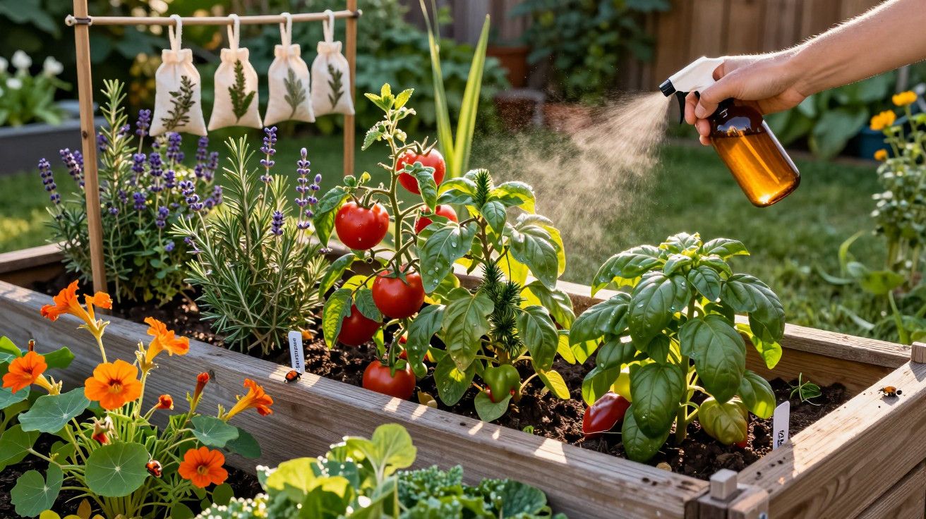 Pessoa a pulverizar ervas e tomates maduros num canteiro elevado, rodeado por flores coloridas.