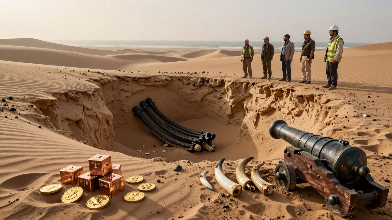 Cinco pessoas observam um buraco no deserto com canhão, moedas e presas ao redor.