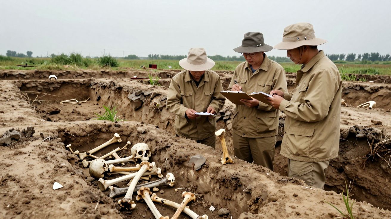 Arqueólogos analisam esqueletos em local de escavação, usando pranchetas, chapéus e vestuário de campo bege.