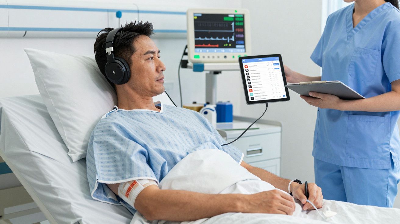 Paciente numa cama de hospital com auscultadores, monitor cardíaco ao fundo e profissional de saúde ao lado com tablet.