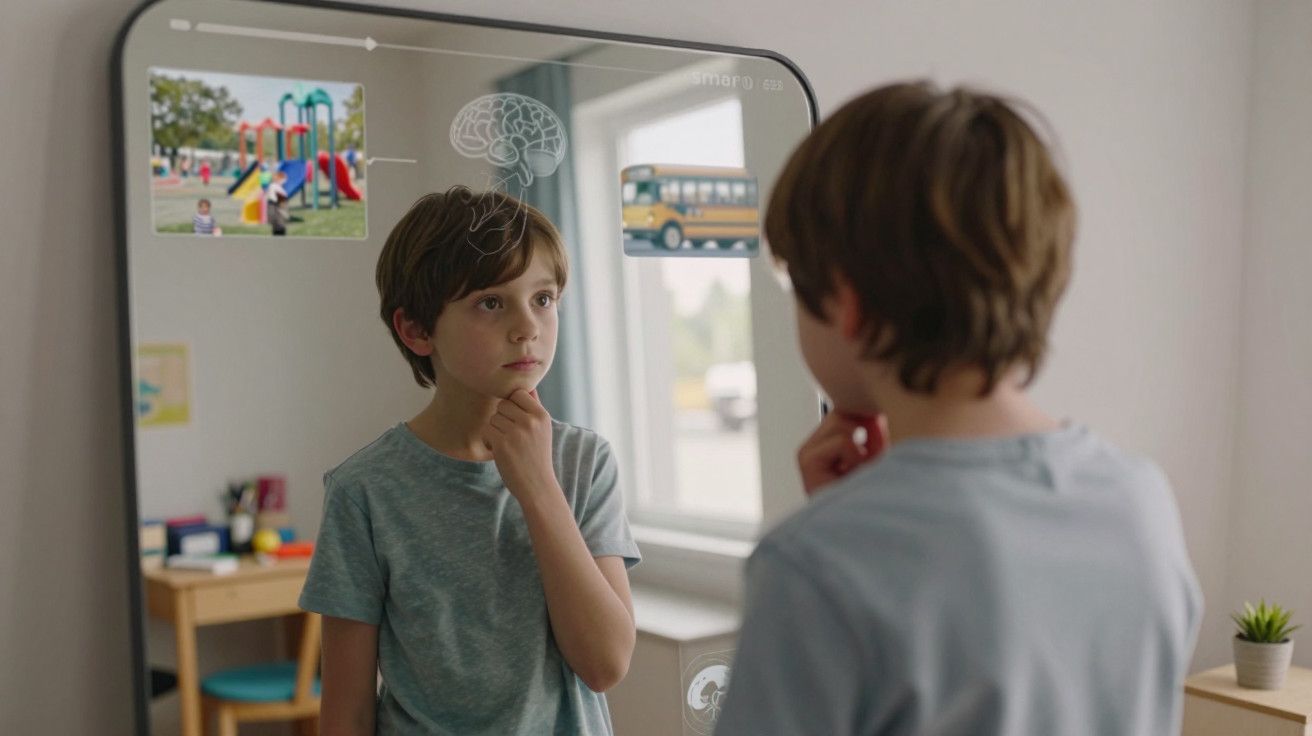 Menino olha pensativo para o seu reflexo num espelho digital com imagens de um parquinho e um autocarro escolar.