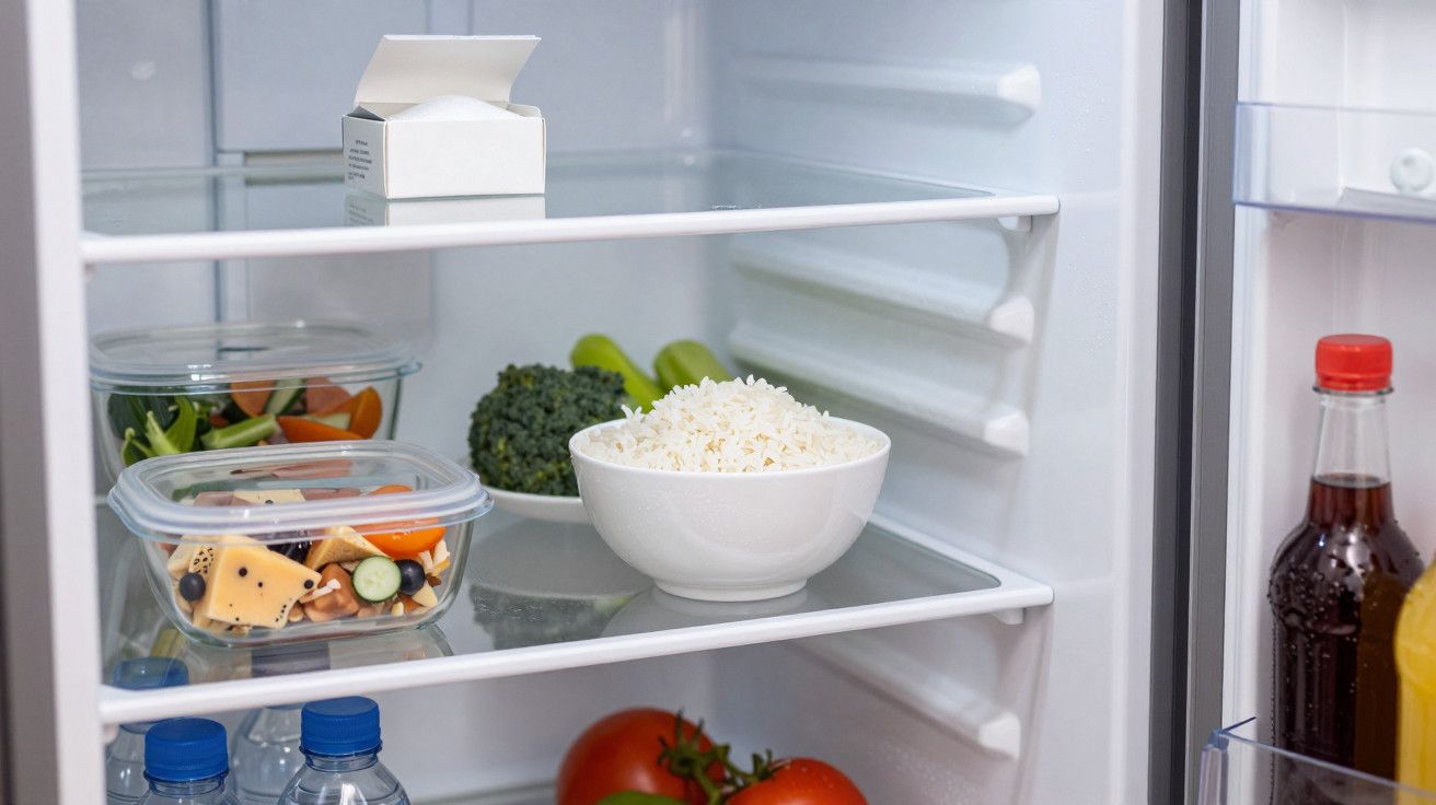 Interior de um frigorífico com caixas de alimentos, uma taça de arroz, garrafas de água e refrigerantes.