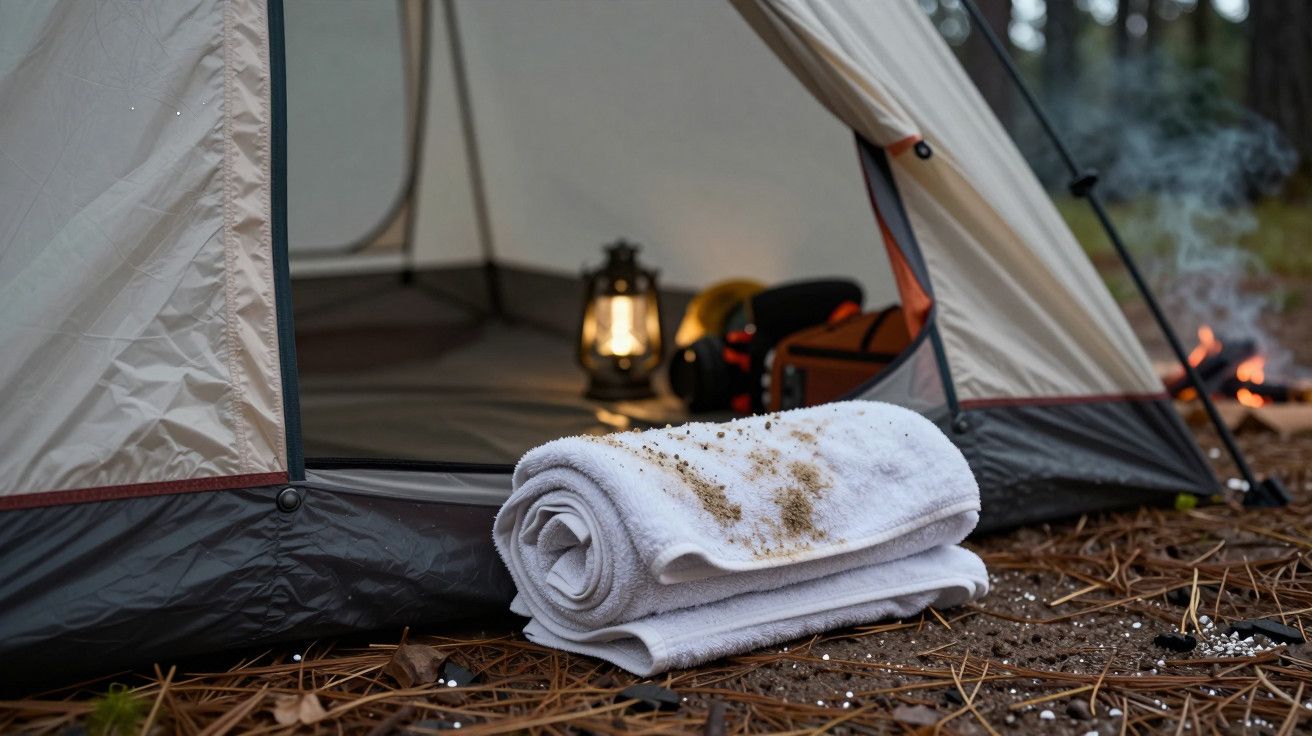 Toalha enrolada com areia à frente de tenda de campismo aberta, luz de lanterna acesa no interior, floresta ao fundo.