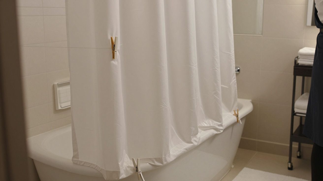 Cortina de banho branca presa com molas sobre uma banheira, num WC moderno com azulejos claros.