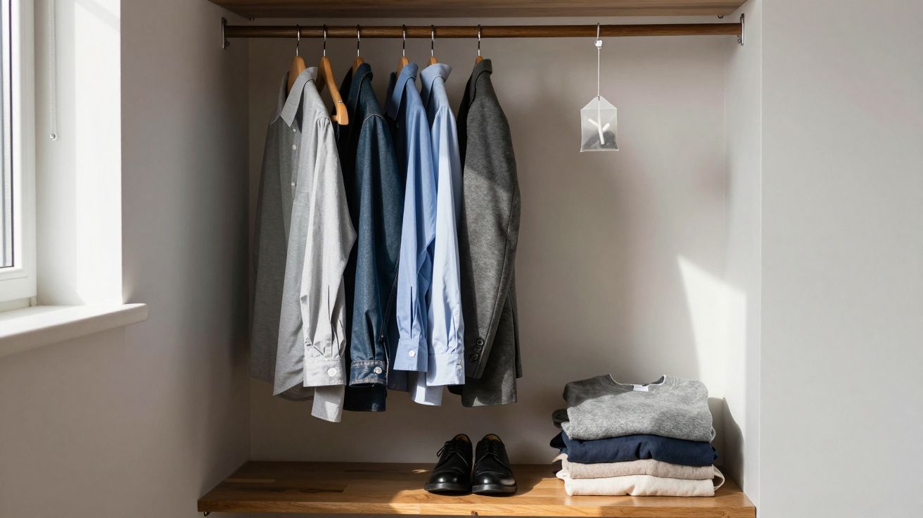 Roupa pendurada em cabides num armário aberto, com camisolas dobradas e sapatos pretos no fundo.