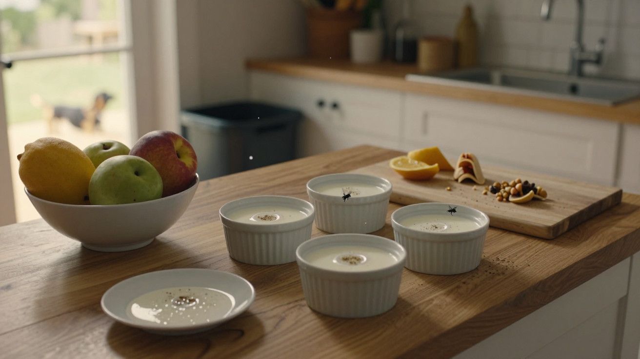 Taças de sobremesa com natas num balcão de cozinha, ao lado de uma tigela de frutas e tábua de cortar com nozes e laranja.