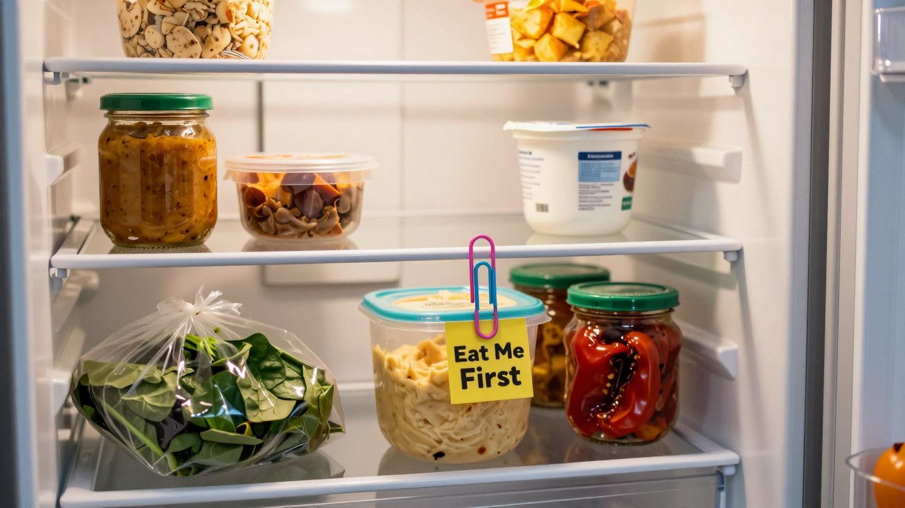 Geladeira aberta com diversos alimentos, incluindo frascos e um recipiente de massa com aviso: "Eat Me First".