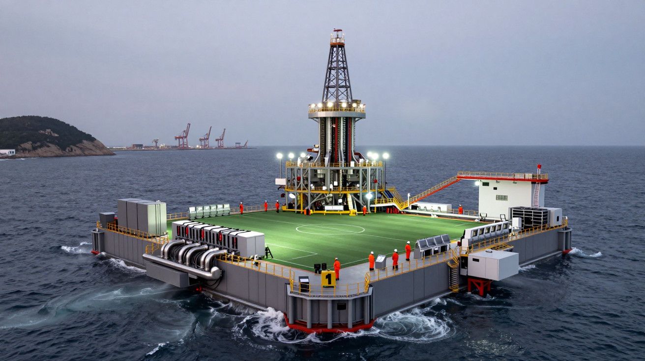 Plataforma de perfuração petrolífera no mar, com um heliporto no centro, cercada por água e colinas ao fundo.