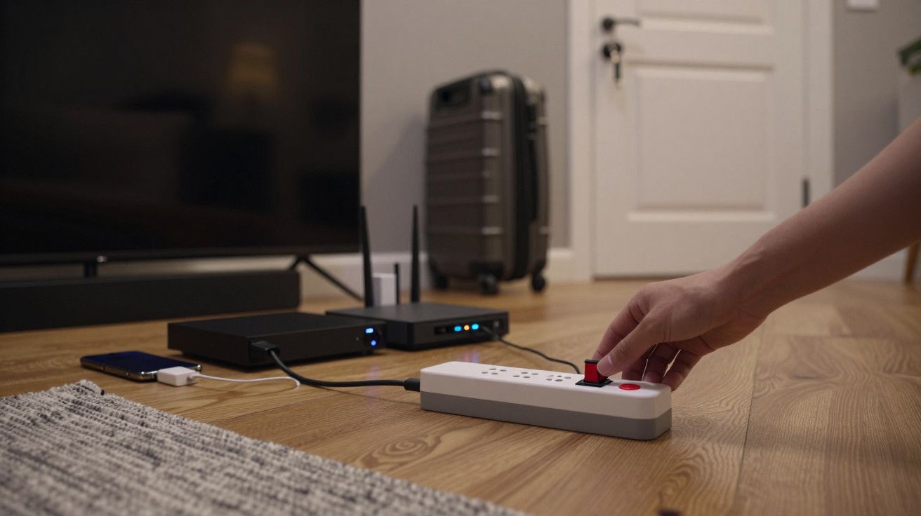 Mão ligando extensão elétrica no chão de madeira, próxima a televisor e bagagem.