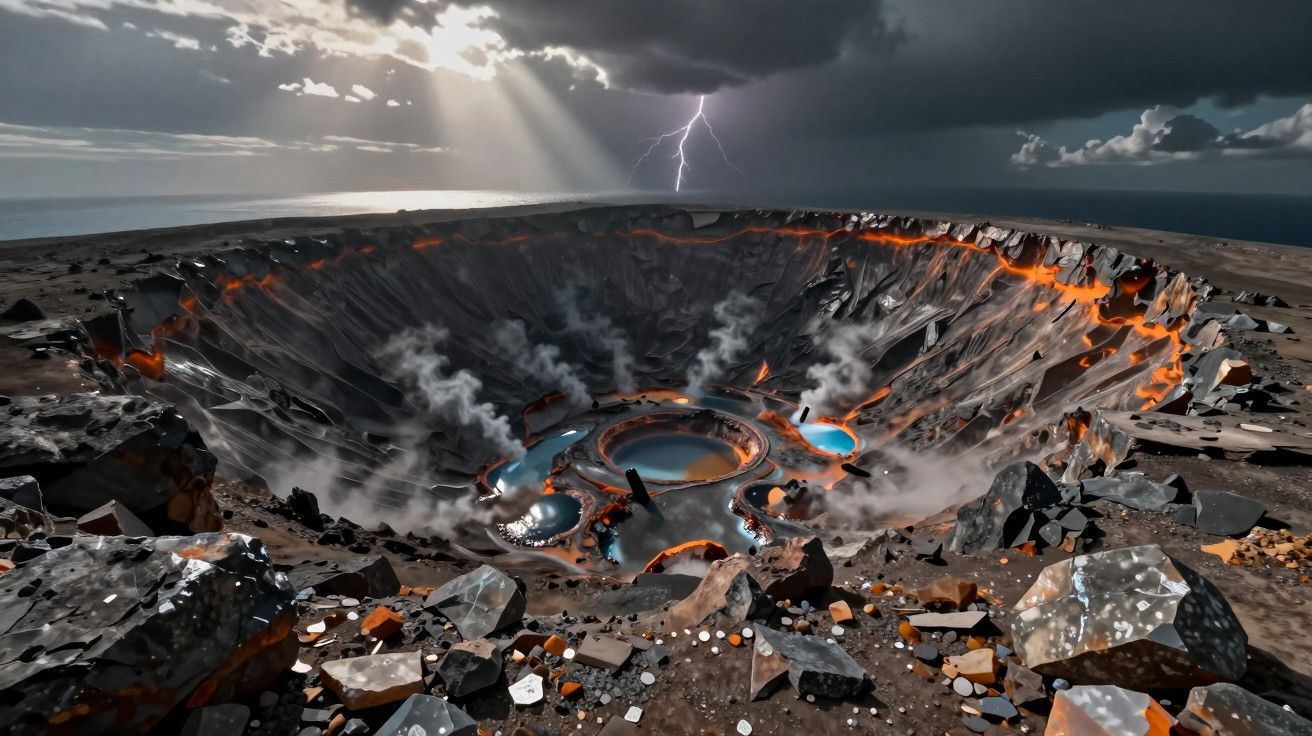Cratera vulcânica com lava e vapor ao redor; relâmpago no céu nublado.